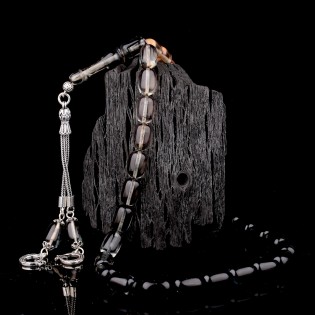 Süzme Renk Kapsül Kesim 925 Ayar Gümüş Püsküllü Ateş Kehribar Tesbih