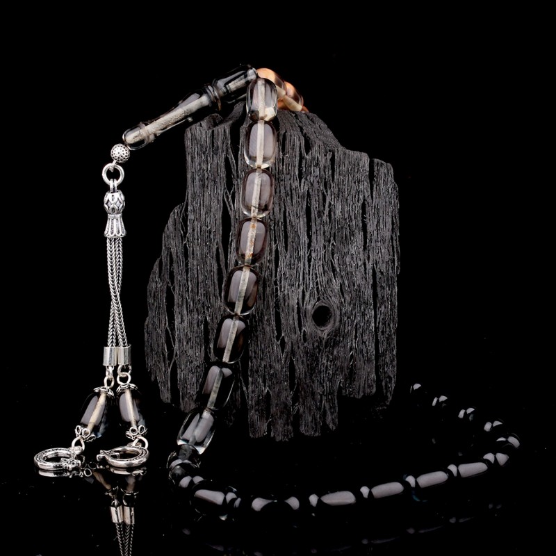 Süzme Renk Kapsül Kesim 925 Ayar Gümüş Püsküllü Ateş Kehribar Tesbih