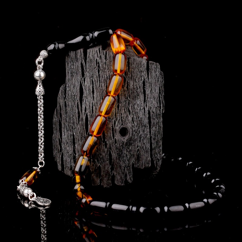 Süzme Renk Kapsül Kesim 925 Ayar Gümüş Püsküllü Ateş Kehribar Tesbih