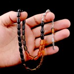 Süzme Renk Kapsül Kesim 925 Ayar Gümüş Püsküllü Ateş Kehribar Tesbih