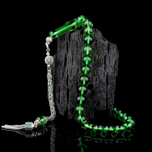 Yeşil Renk Damla Kehribar Tesbih Zirkon Taşlı Gümüş Püsküllü