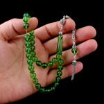 Yeşil Renk Damla Kehribar Tesbih Zirkon Taşlı Gümüş Püsküllü